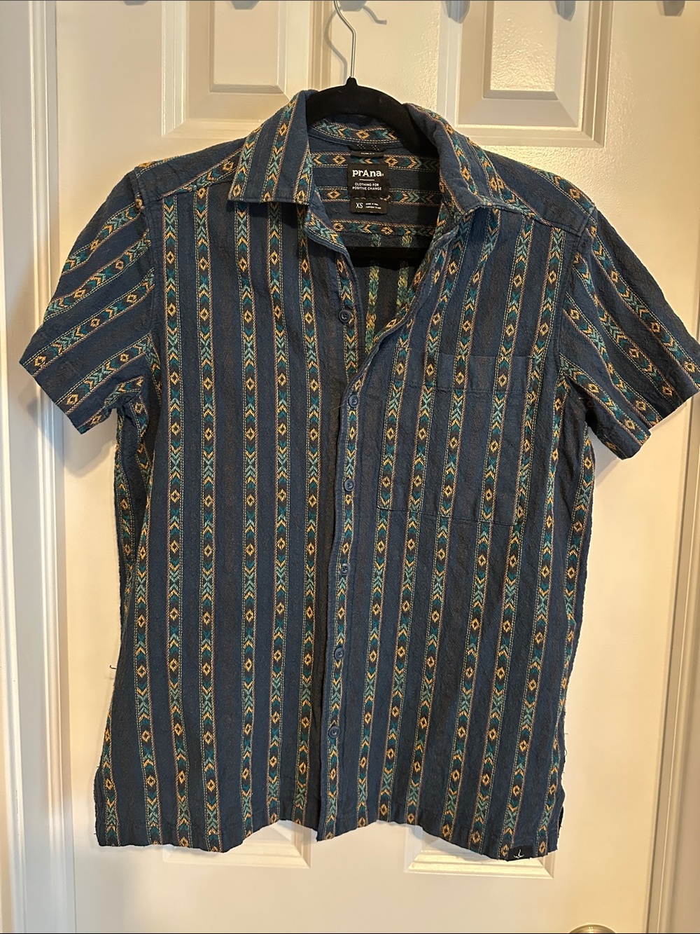 Prana Blue Mantra Heritage Button-Up Unisex Shirt with Teal & Gold Accents